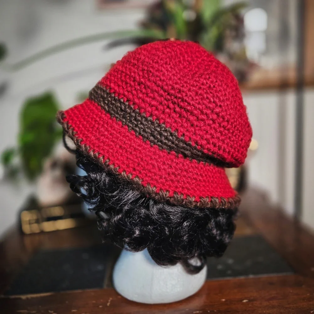Handmade Red Knit Crochet Cloche‎ Hat Floral Pearl Accent Bucket Hat